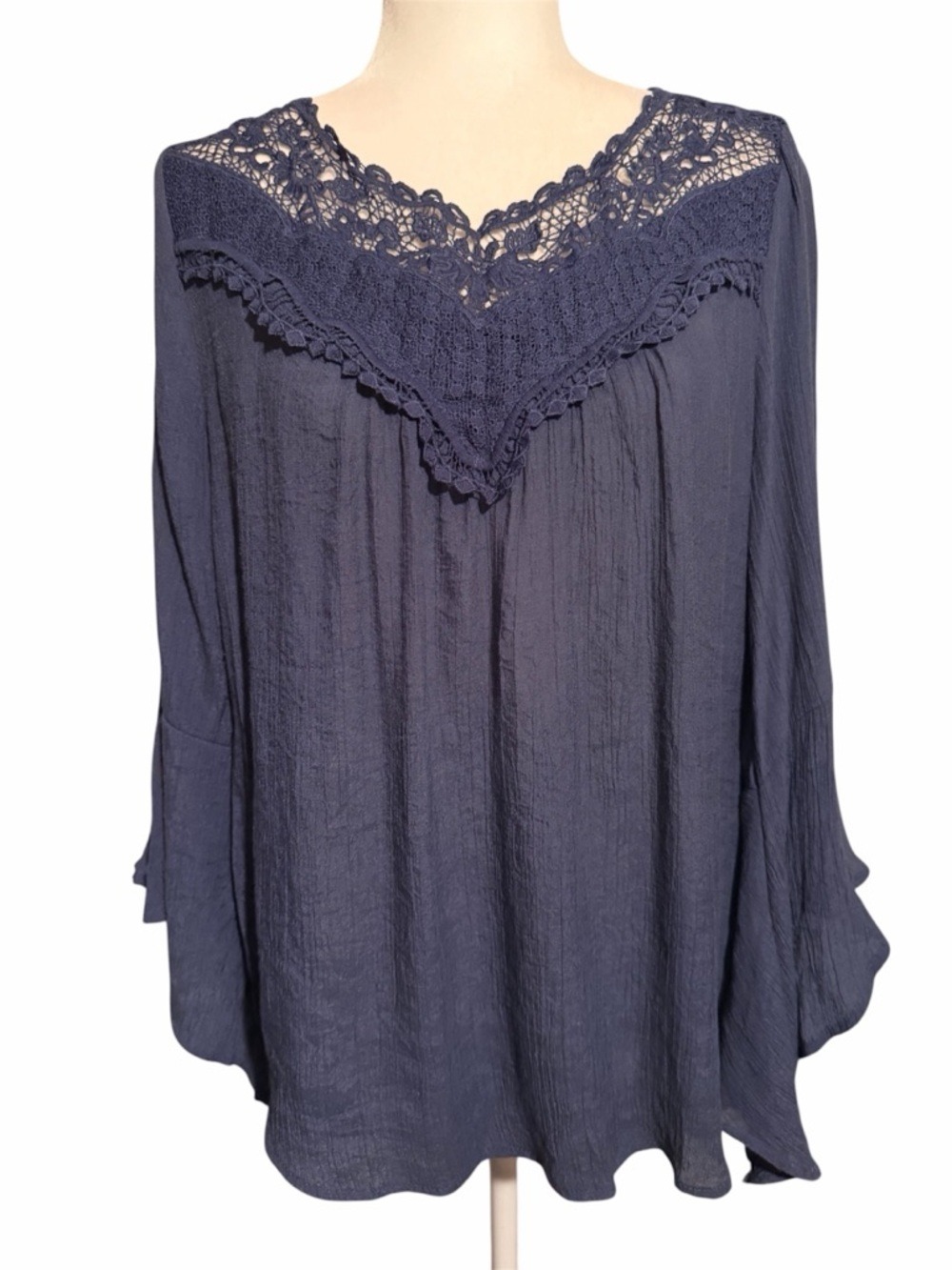 Tantrums Navy Crochet Yoke Long-Sleeve Top